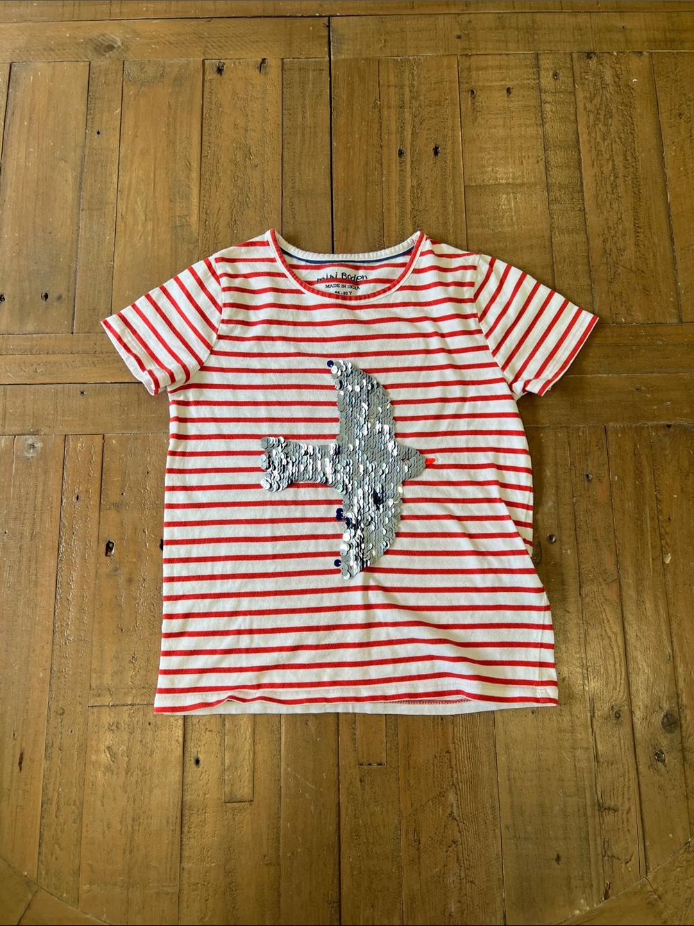 Mini Boden red striped flip sequin bird short sleeve tee shirt 6-7 years